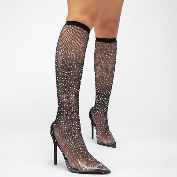 Women's Rhinestone Mesh Pointed Toe Stiletto Heeled Boots Sexy Knee High Slip-on - Picture 4 of 4